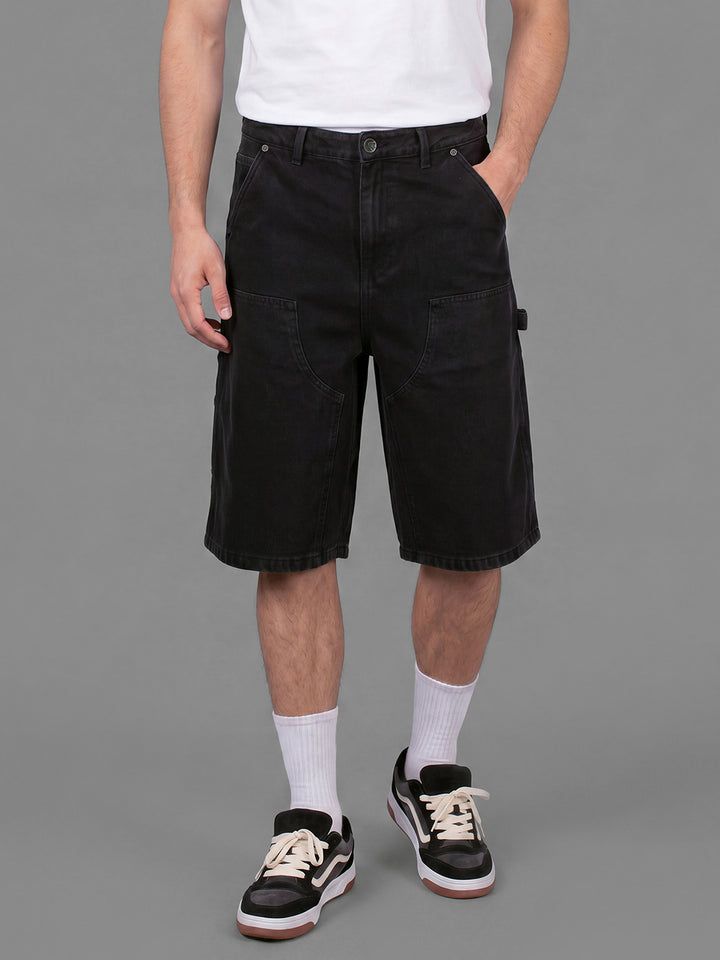 Black Solid Jorts Fit Mid Rise Men's Denim Jorts by Being Human Clothing