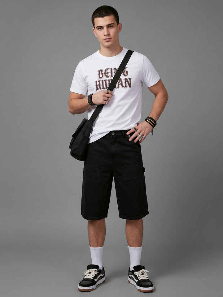 Black Solid Jorts Fit Mid Rise Men's Denim Jorts by Being Human Clothing