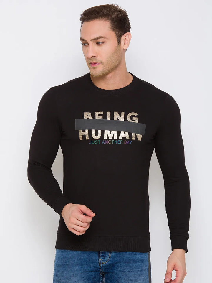 Black Regular Fit Round Neck Long Sleeves Cotton Men's Sweatshirt