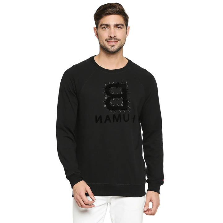 Black Regular Fit Round Neck Long Sleeves Cotton Men's Sweatshirt