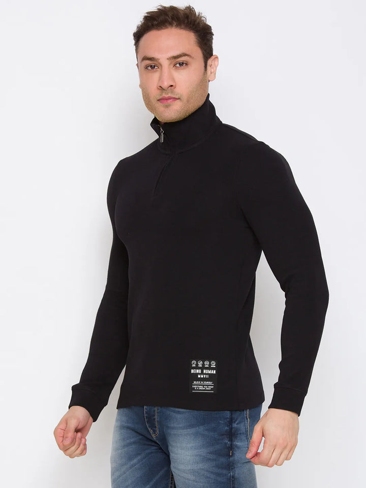 Black Regular Fit Polo Collar Long Sleeves Cotton Men's Sweatshirt