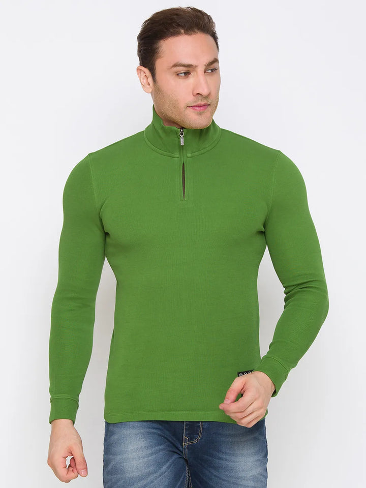 Green Regular Fit Polo Collar Long Sleeves Cotton Men's Sweatshirt