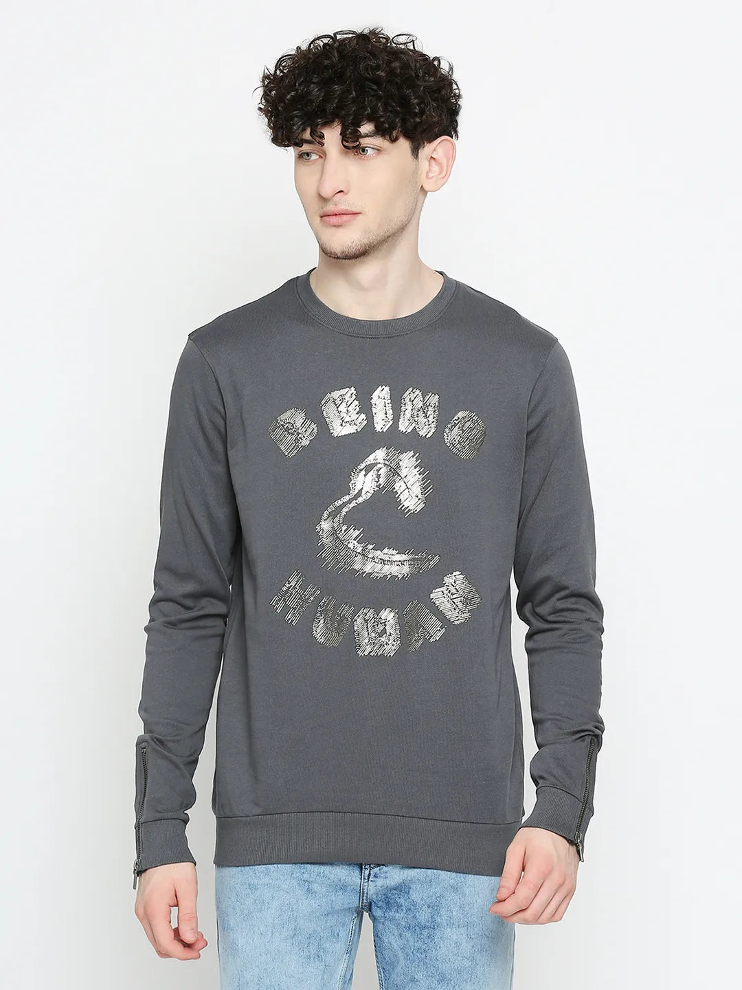 Being Human Clothing Men Regular Fit Crew Neck Sweatshirt-Charcoal