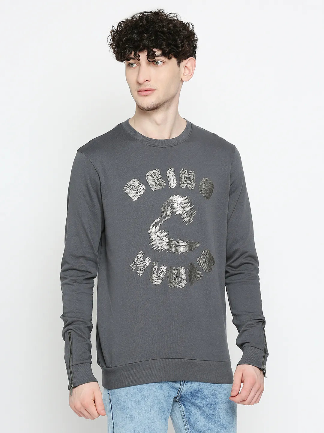 Being Human Clothing Men Regular Fit Crew Neck Sweatshirt-Charcoal