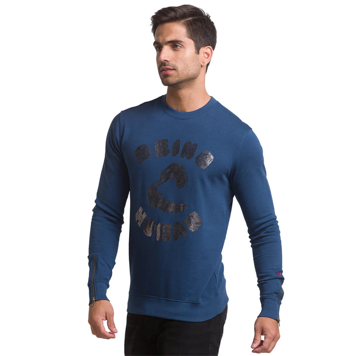 Blue Regular Fit Round Neck Long Sleeves Cotton Men's Sweatshirt