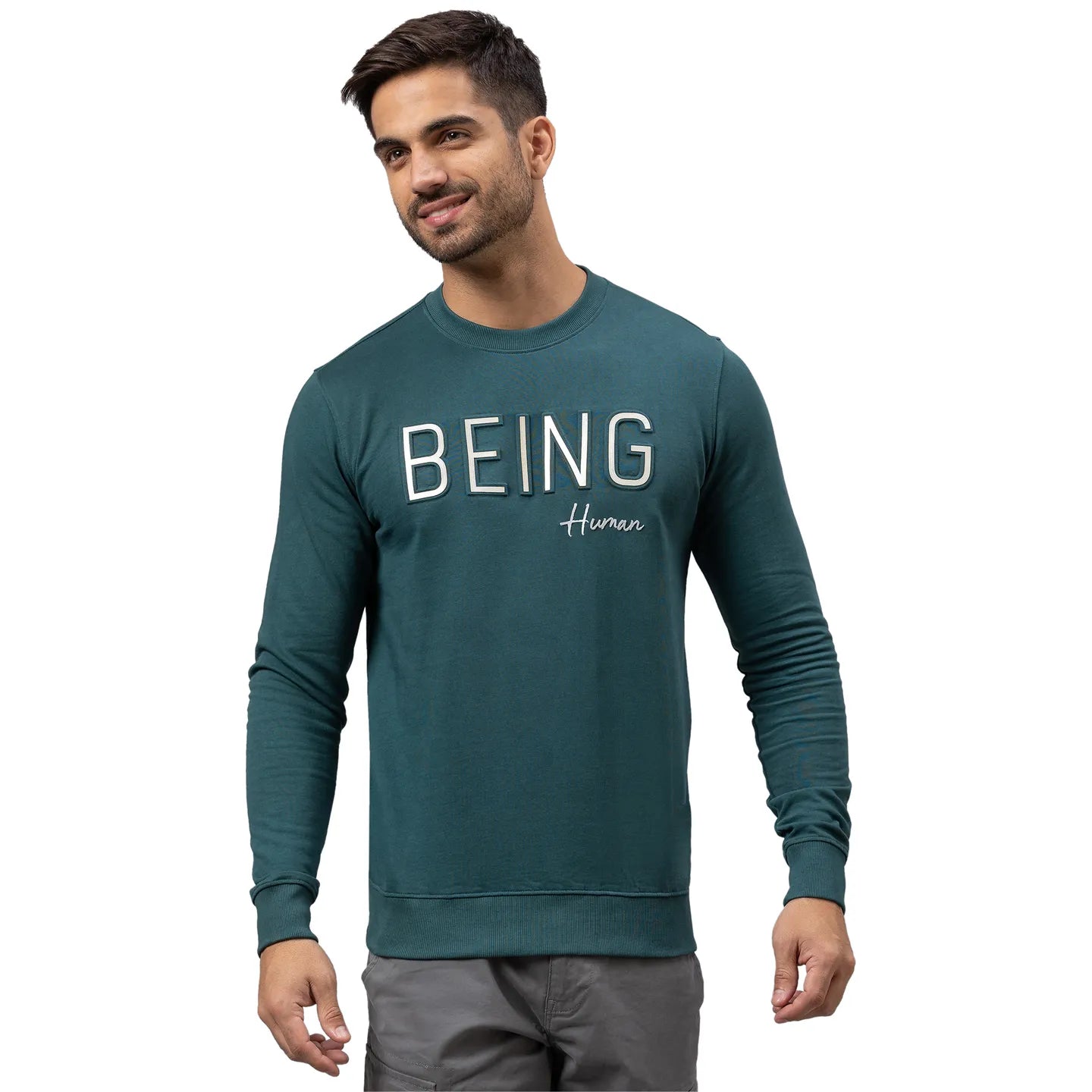 Being Human Clothing Men Regular Fit Crew Neck Sweatshirt-Forest Green