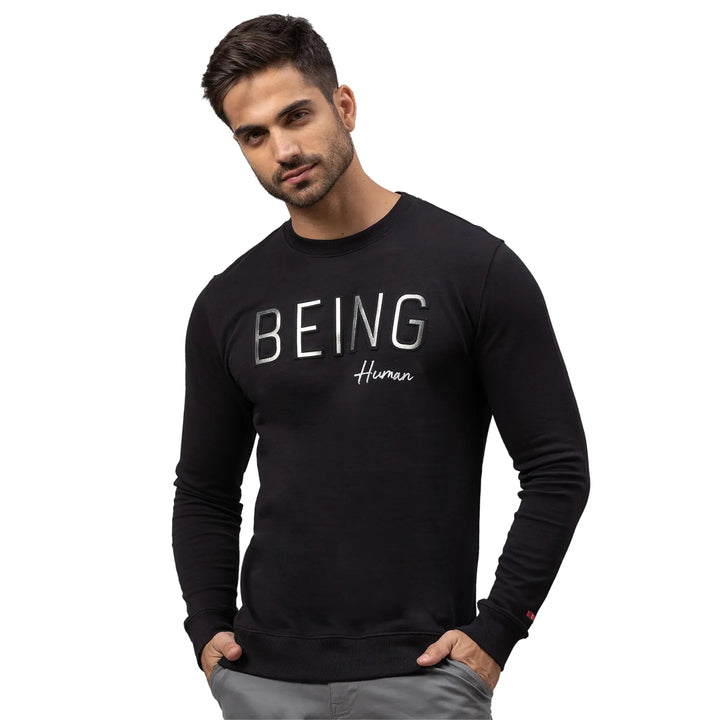 Black Regular Fit Round Neck Long Sleeves Cotton Men's Sweatshirt