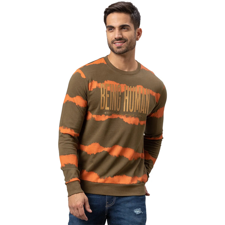 Olive Regular Fit Round Neck Long Sleeves Cotton Men's Sweatshirt