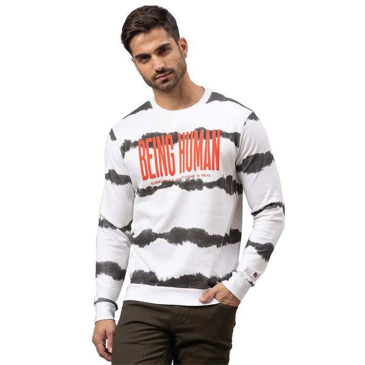 White Regular Fit Round Neck Long Sleeves Cotton Men's Sweatshirt