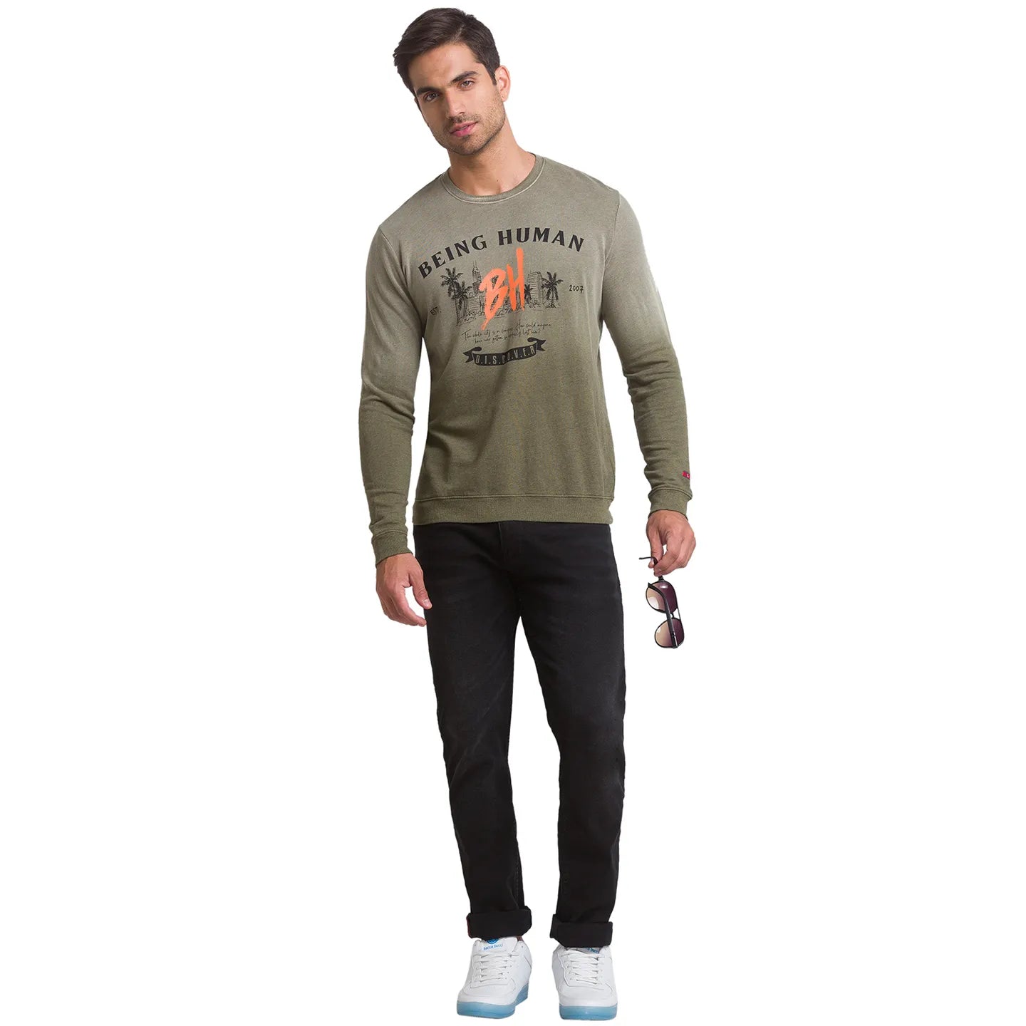 Being Human Clothing Men Regular Fit Crew Neck Sweatshirt-Olive Melange