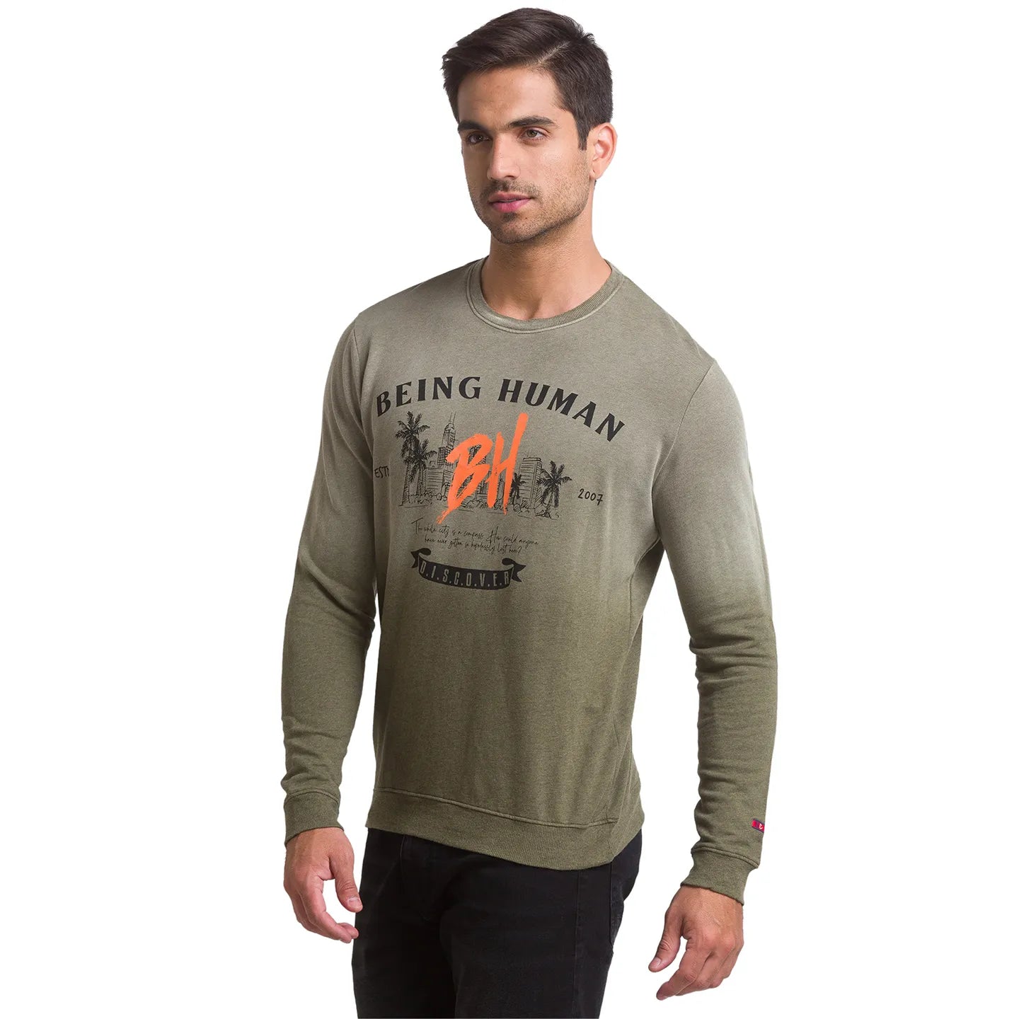 Being Human Clothing Men Regular Fit Crew Neck Sweatshirt-Olive Melange