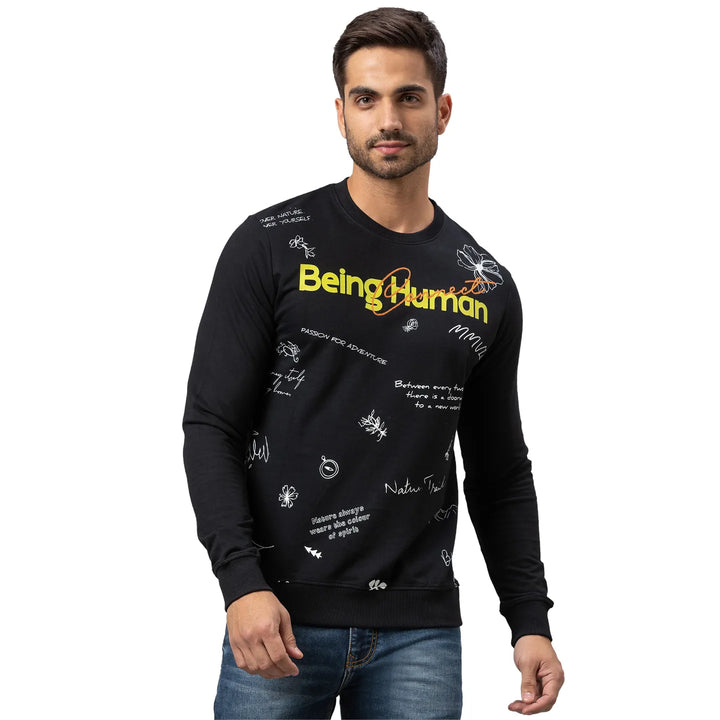 Black Regular Fit Round Neck Long Sleeves Cotton Men's Sweatshirt