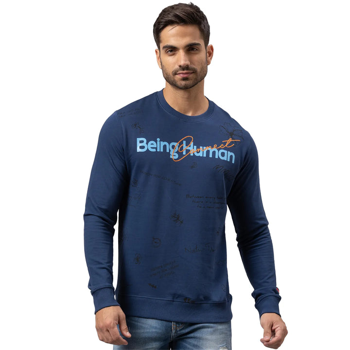 Blue Regular Fit Round Neck Long Sleeves Cotton Men's Sweatshirt