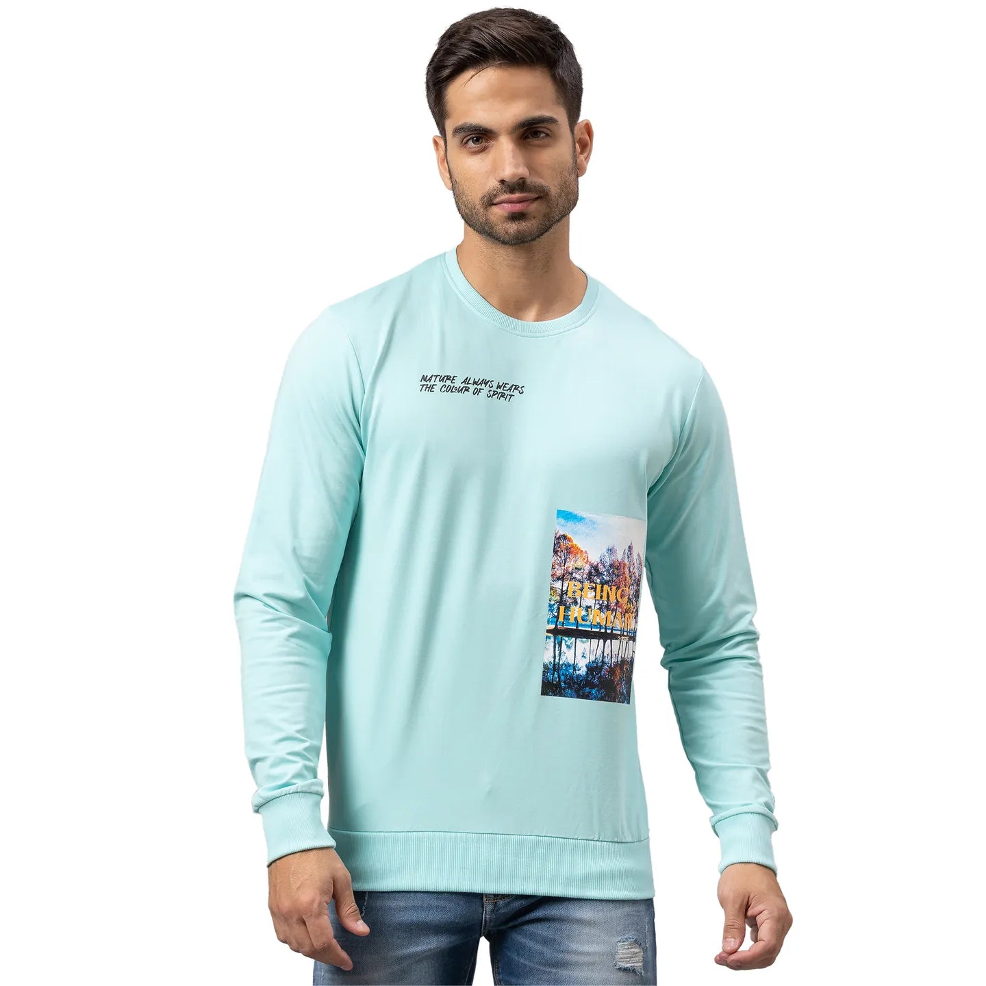 Being Human Clothing Men Regular Fit Crew Neck Sweatshirt-Aqua Green