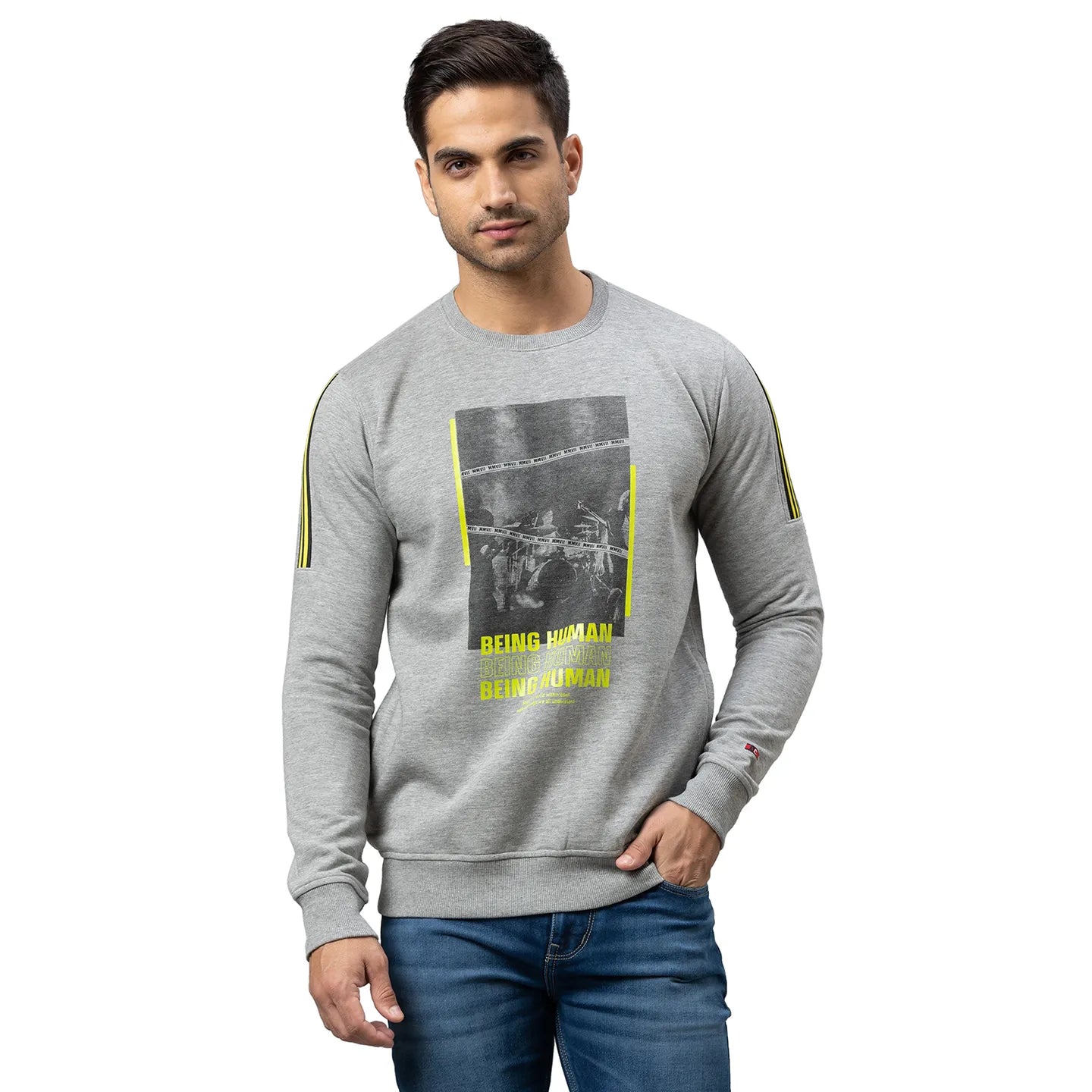 Being Human Clothing Men Regular Fit Crew Neck Sweatshirt-Grey Melange