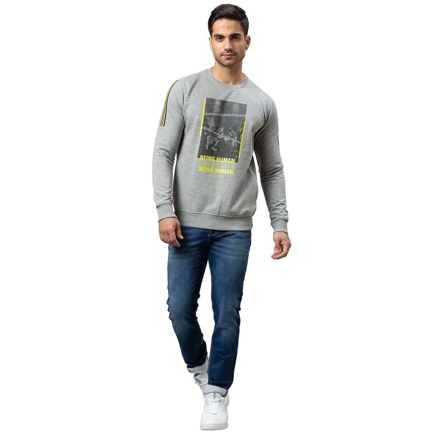 Being Human Clothing Men Regular Fit Crew Neck Sweatshirt-Grey Melange