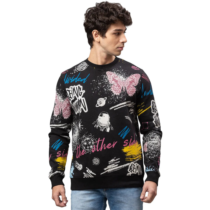 Black Regular Fit Round Neck Long Sleeves Cotton Men's Sweatshirt