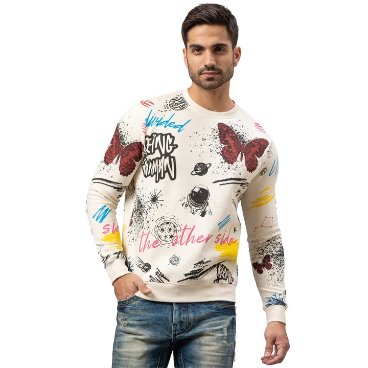 White Regular Fit Round Neck Long Sleeves Cotton Men's Sweatshirt
