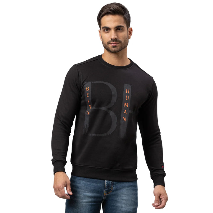 Black Regular Fit Round Neck Long Sleeves Cotton Men's Sweatshirt