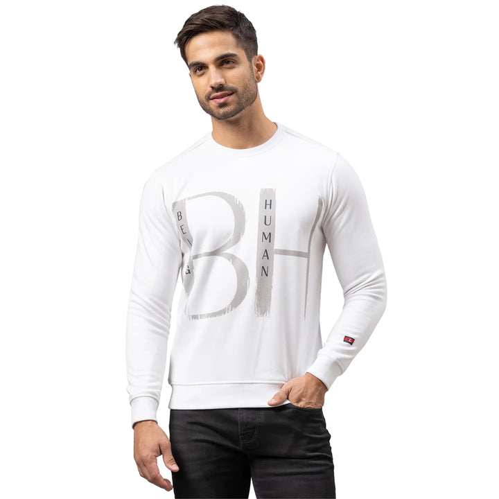 White Regular Fit Round Neck Long Sleeves Cotton Men's Sweatshirt