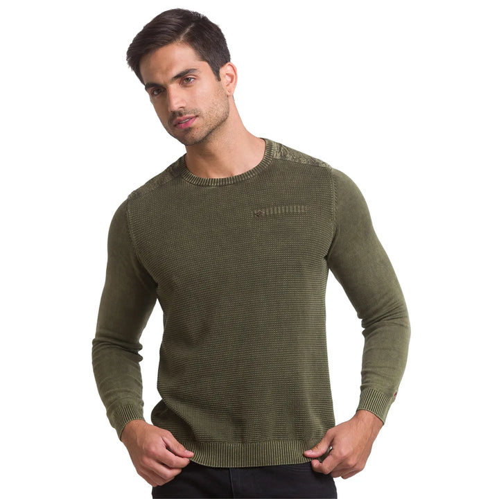 Olive Regular Fit Round Neck Long Sleeves Cotton Men's Sweatshirt