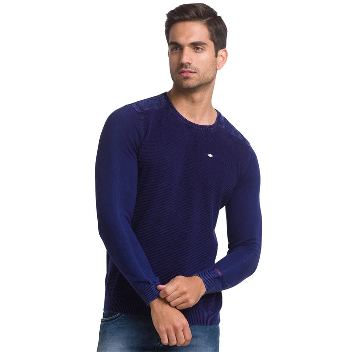 Blue Regular Fit Round Neck Long Sleeves Cotton Men's Sweatshirt