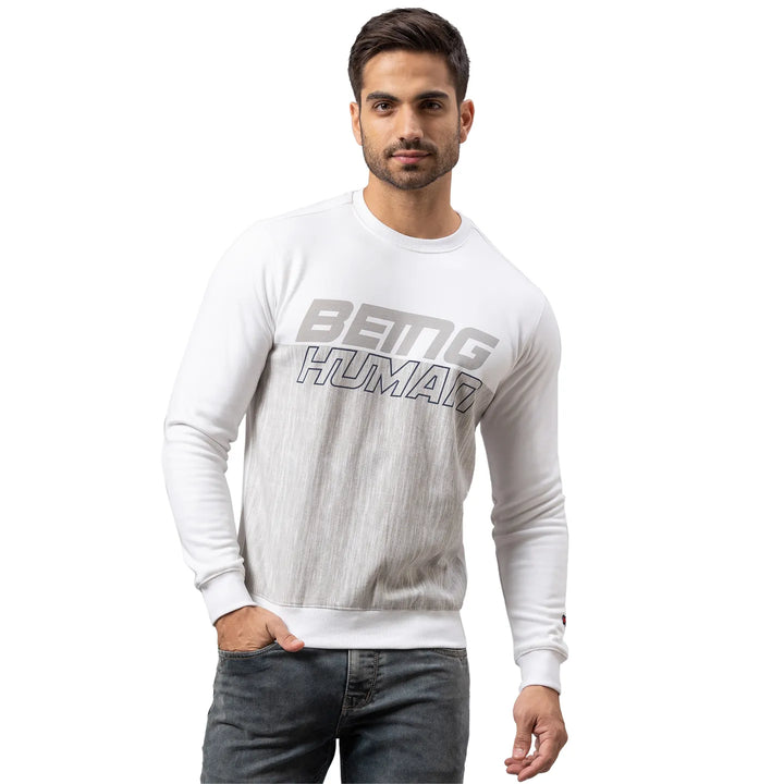 White Regular Fit Round Neck Long Sleeves Cotton Men's Sweatshirt