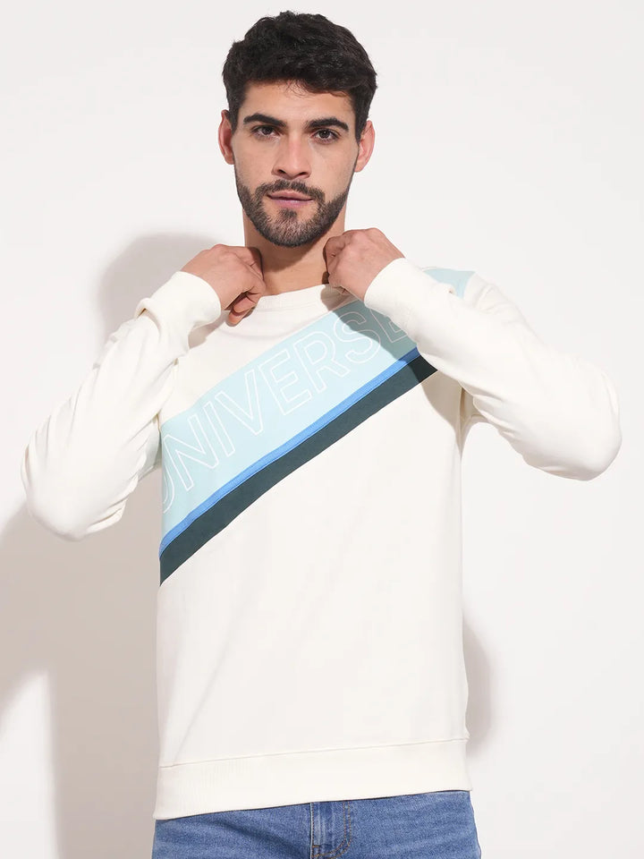 White Regular Fit Round Neck Long Sleeves Men's Sweatshirt