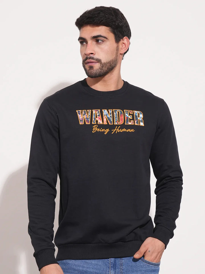 Black Regular Fit Round Neck Long Sleeves Men's Sweatshirt