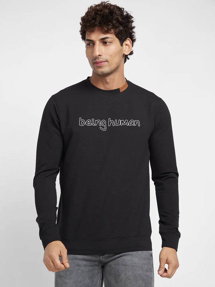 Black Regular Fit Round Neck Long Sleeves Men's Sweatshirt
