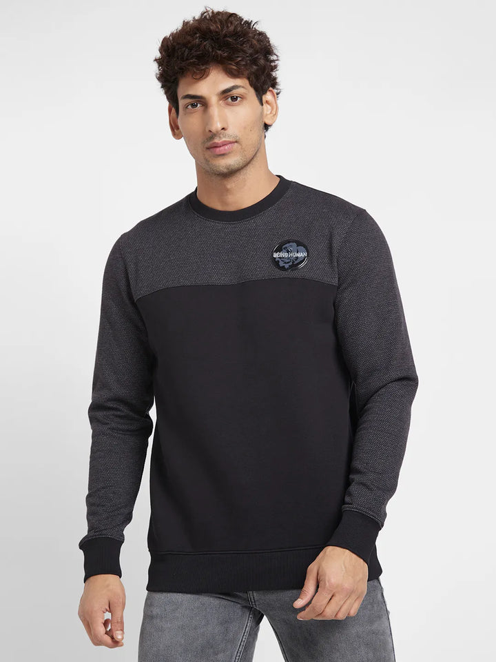 Black Regular Fit Round Neck Long Sleeves Men's Sweatshirt