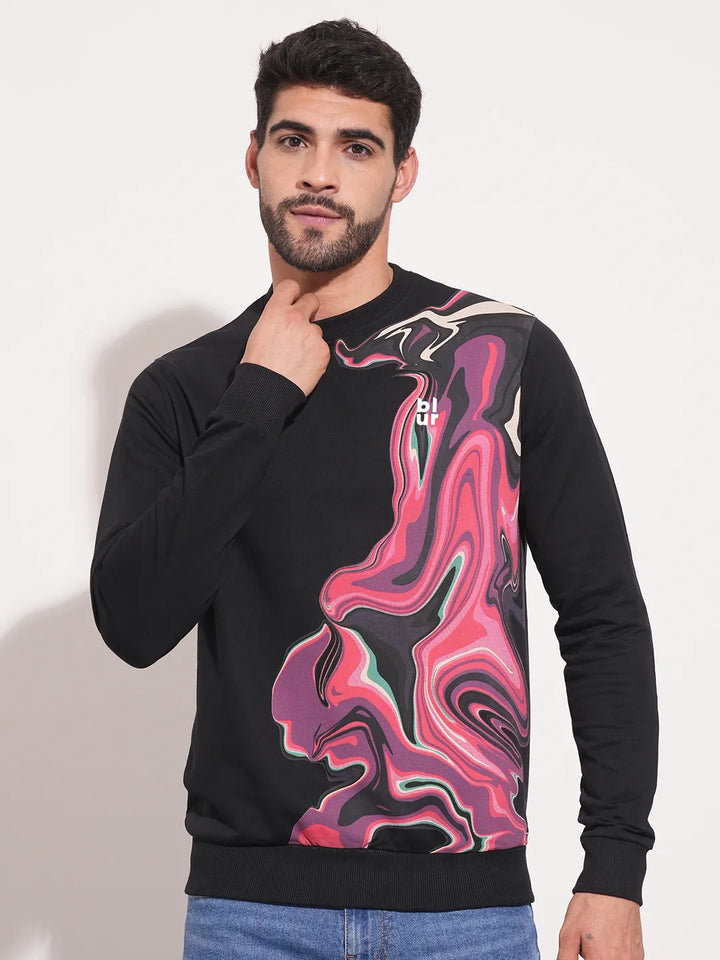 Black Regular Fit Round Neck Long Sleeves Men's Sweatshirt