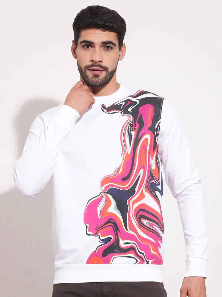 White Regular Fit Round Neck Long Sleeves Men's Sweatshirt