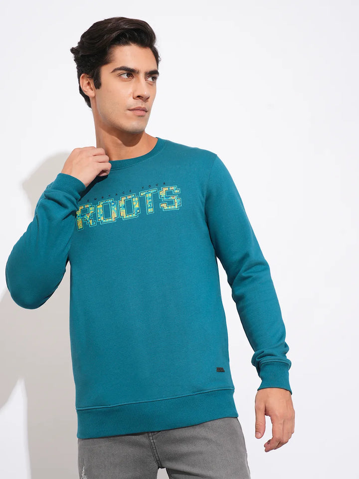 Teal Regular Fit Round Neck Men's Sweatshirt