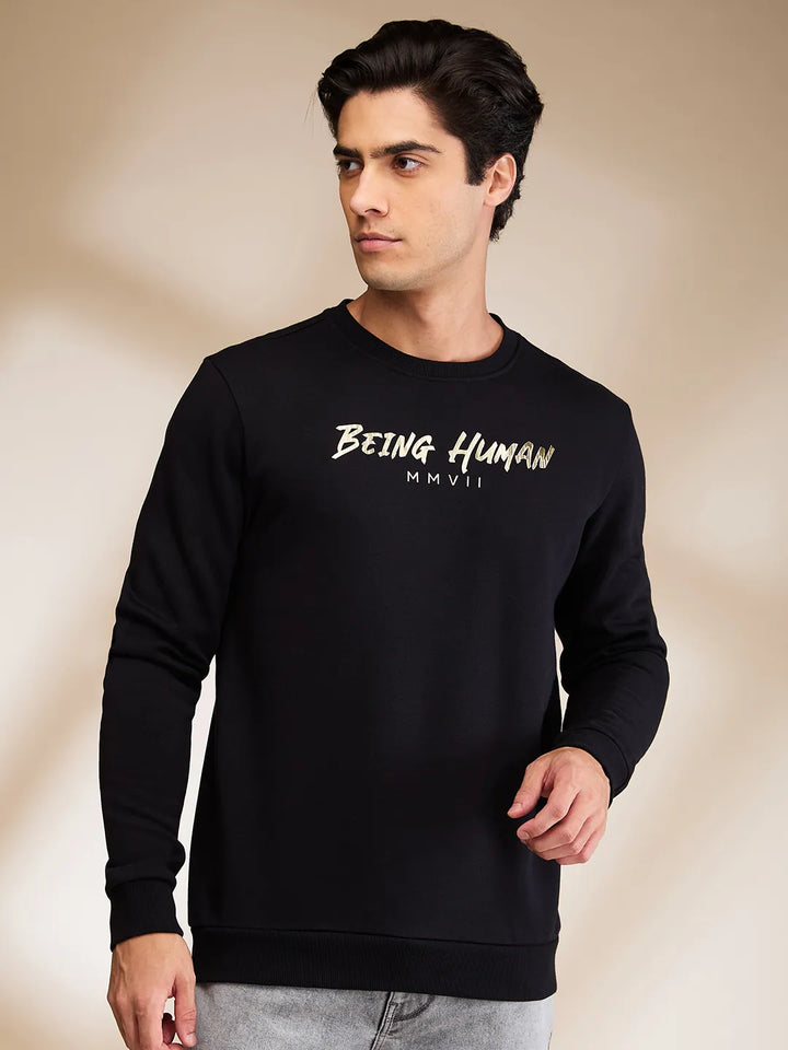 Black Regular Fit Round Neck Long Sleeves Men's Sweatshirt