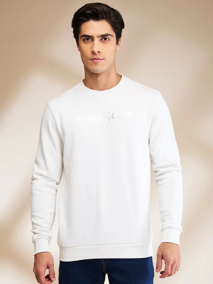 White Regular Fit Round Neck Men's Sweatshirt by Being Human Clothing