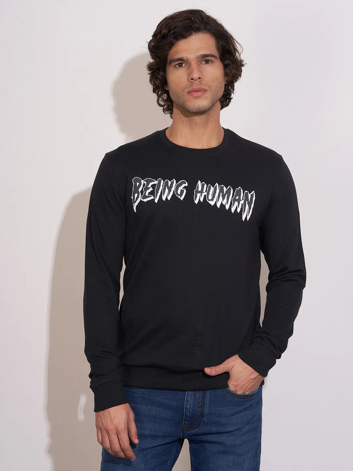 Black Moderno Fit Round Neck Long Sleeves Cotton Men's Sweatshirt