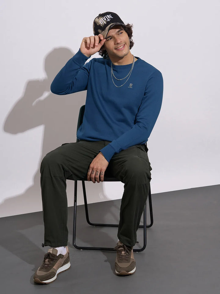 Blue Regular Fit Round Neck Long Sleeves Cotton Blend Men's Sweatshirt
