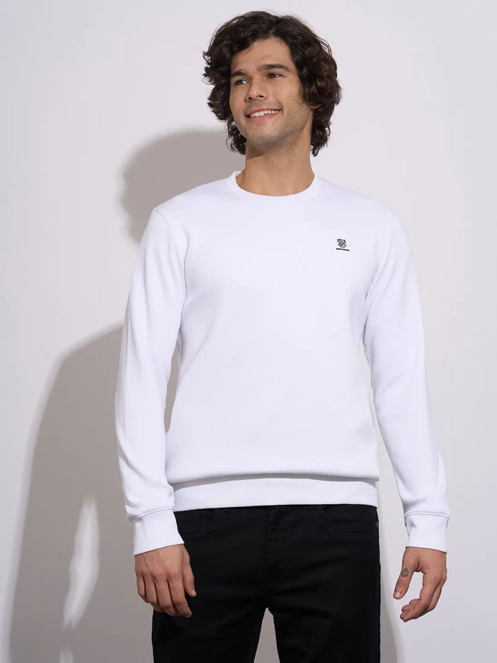 White Regular Fit Round Neck Long Sleeves Cotton Blend Men's Sweatshirt
