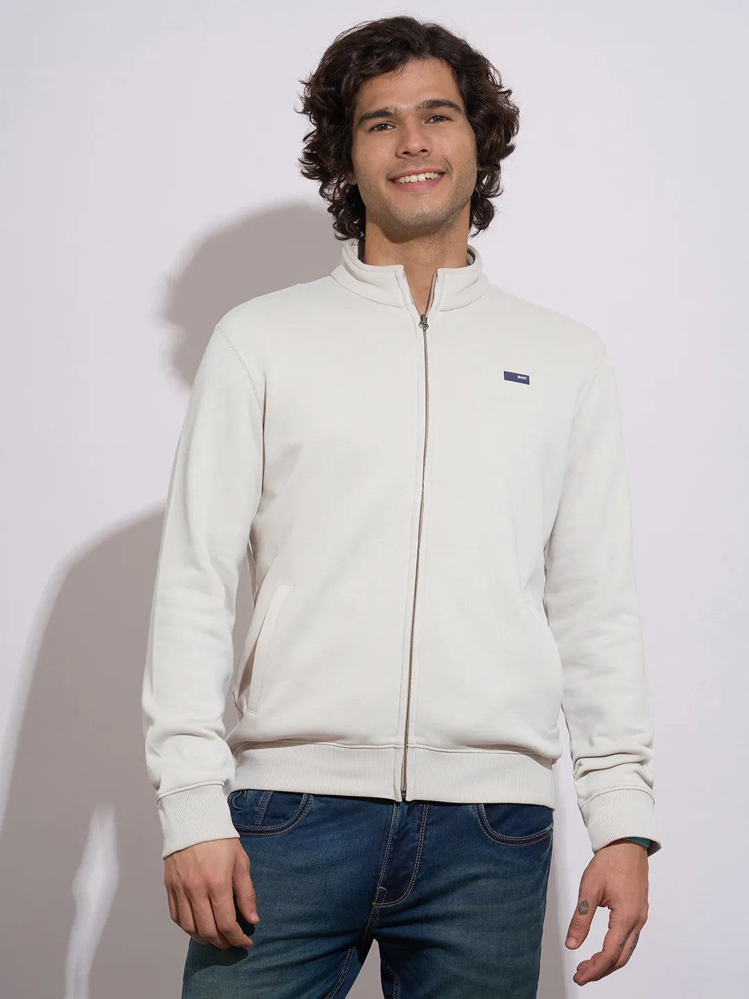Being Human Men's Light Grey Zip-Front High-Neck Sweatshirt
