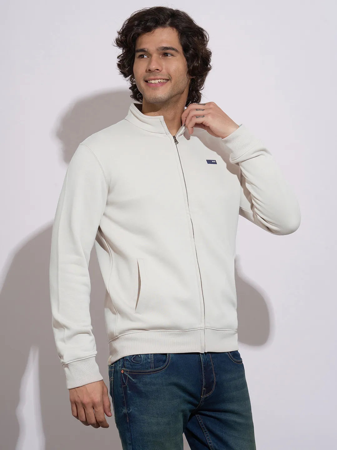 Being Human Men's Light Grey Zip-Front High-Neck Sweatshirt