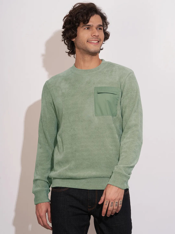 Olive Regular Fit Round Neck Long Sleeves Men's Sweatshirt