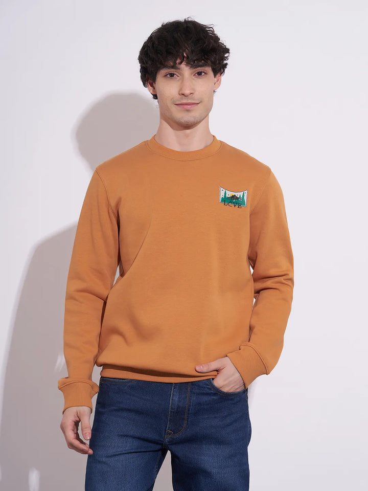 Orange Regular Fit Round Neck Long Sleeves Cotton Blend Men's Sweatshirt