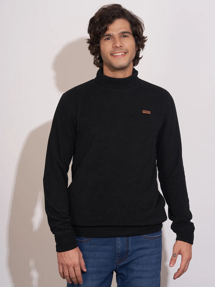 Black Regular Fit Round Neck Long Sleeves Men's Sweatshirt