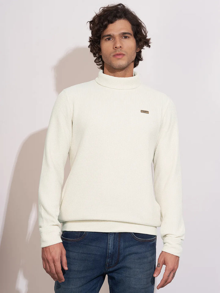 White Regular Fit Round Neck Long Sleeves Men's Sweatshirt