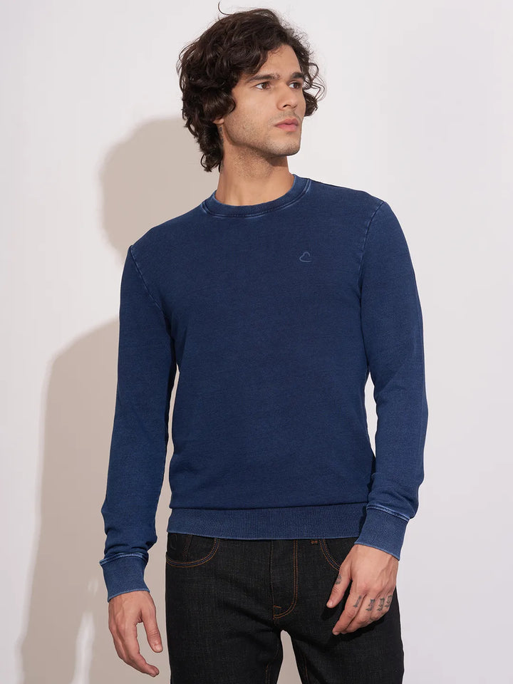 Blue Regular Fit Round Neck Long Sleeves Cotton Men's Sweatshirt