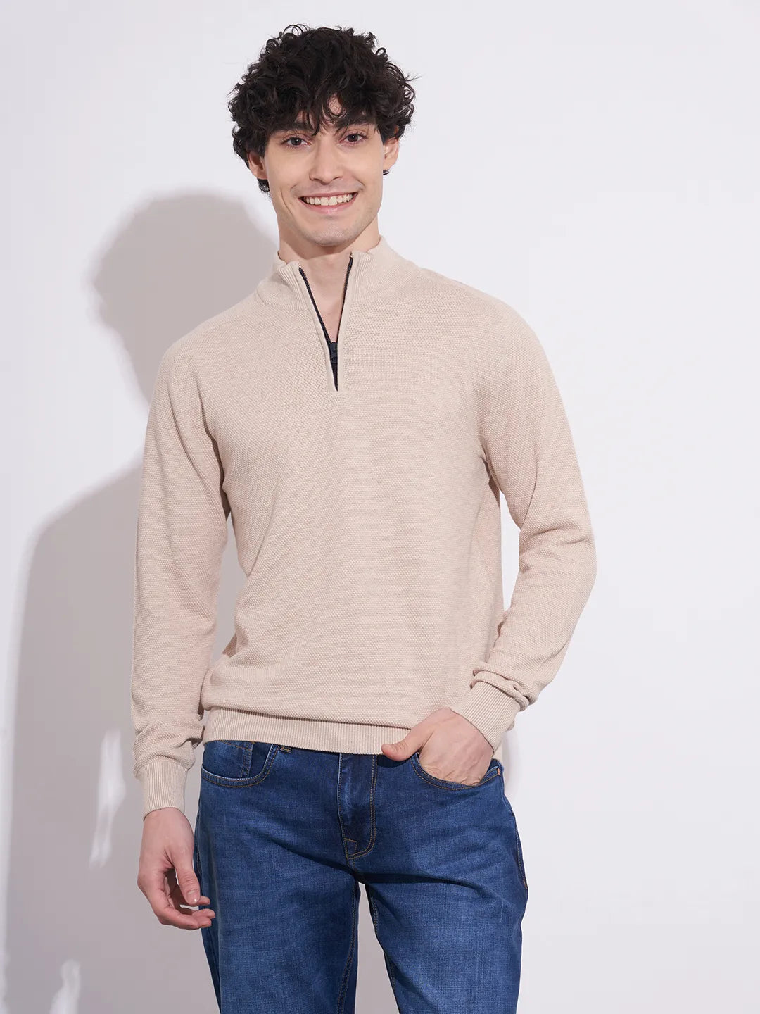 Being Human Men's Beige Textured Half-Zip Sweatshirt