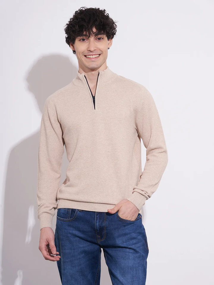 Beige Regular Fit Round Neck Men's Sweatshirt