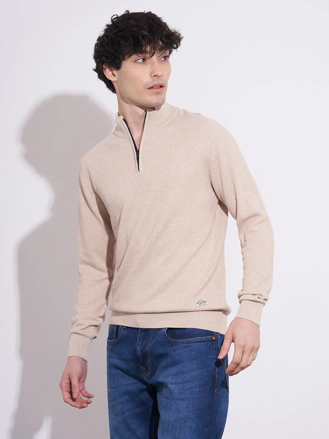 Being Human Men's Beige Textured Half-Zip Sweatshirt