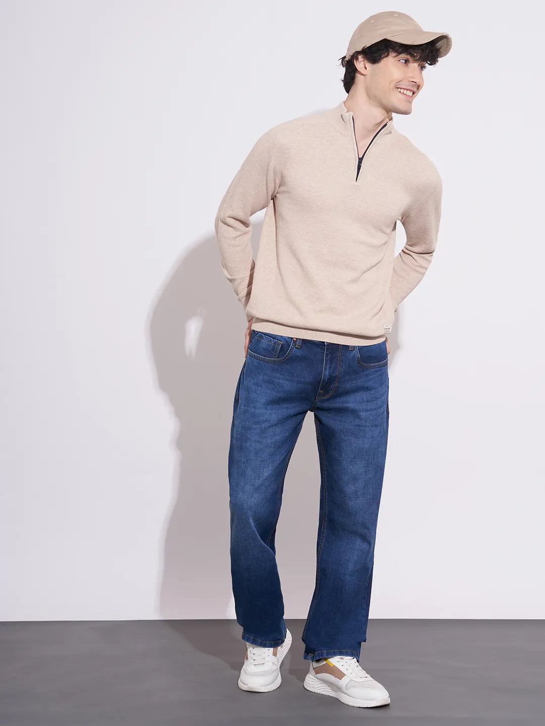 Being Human Men's Beige Textured Half-Zip Sweatshirt